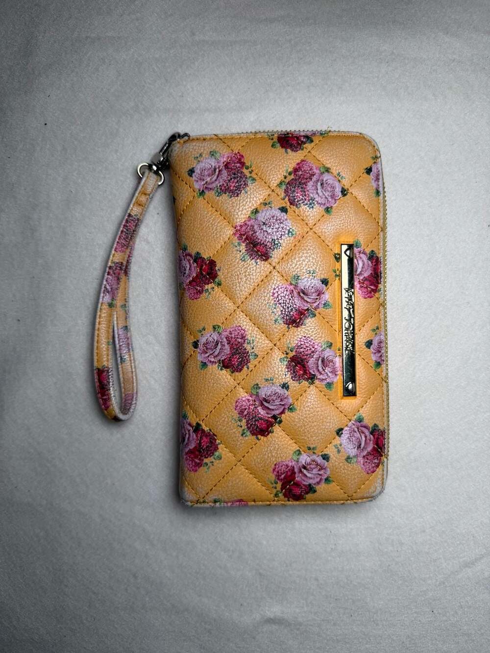 Betsey Johnson Quilted Floral Zip Around Wristlet Wallet Mustard Yellow